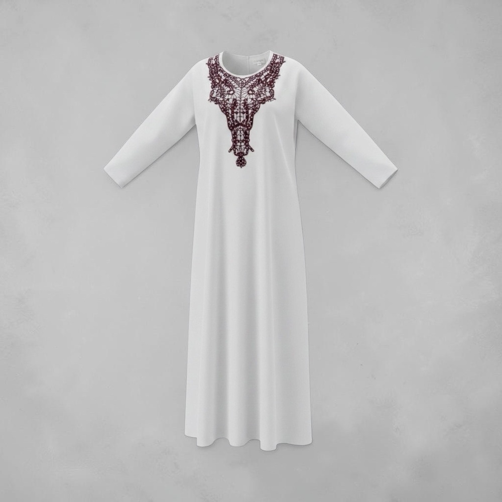 White Long Sleeve Maxi Dress with Burgundy Embroidered Yoke